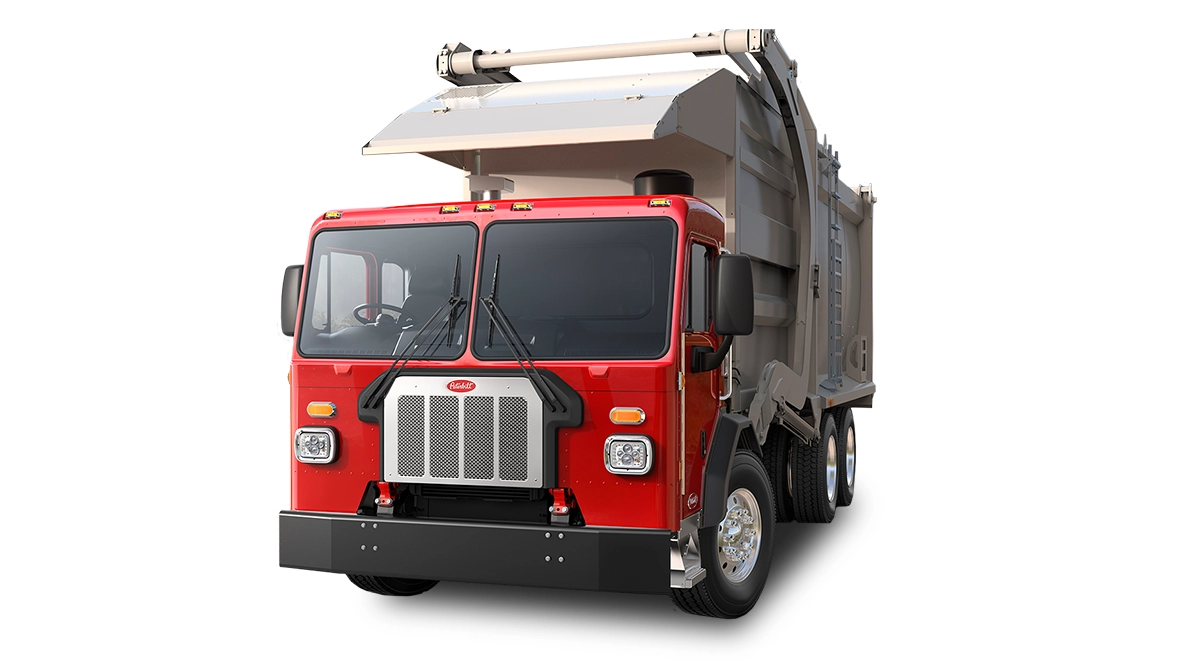 Peterbilt Model 520 Vocational Red Truck with Refuse Garbage Collection Body - Feature Image